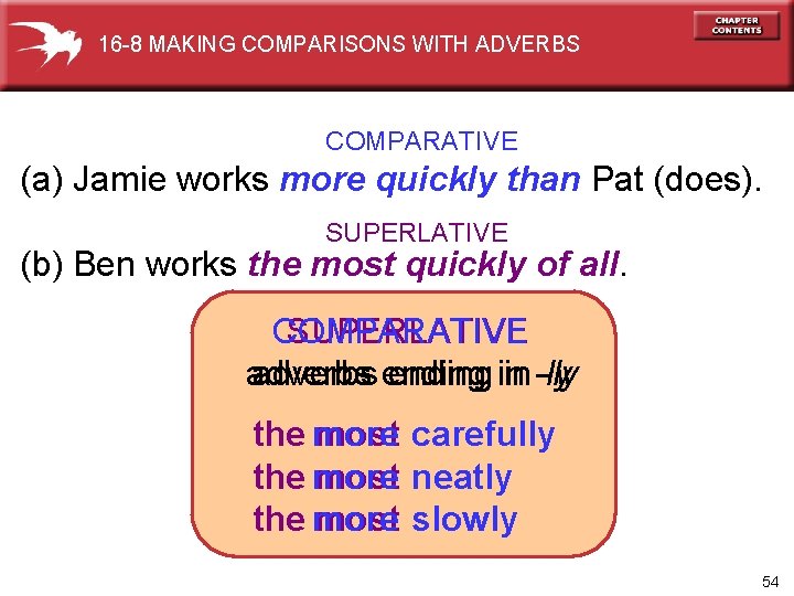 16 -8 MAKING COMPARISONS WITH ADVERBS COMPARATIVE (a) Jamie works more quickly than Pat
