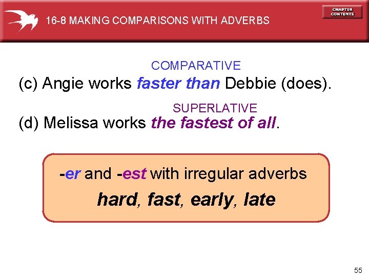 16 -8 MAKING COMPARISONS WITH ADVERBS COMPARATIVE (c) Angie works faster than Debbie (does).