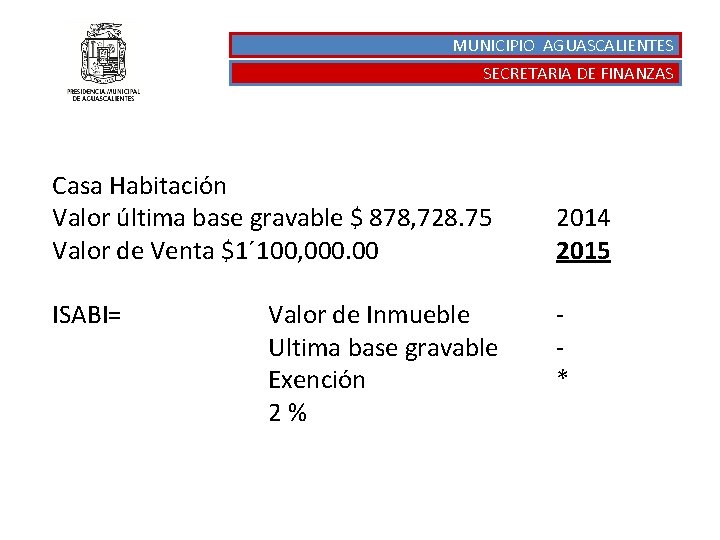 MUNICIPIO AGUASCALIENTES SECRETARIA DE FINANZAS Casa Habitación Valor última base gravable $ 878, 728.
