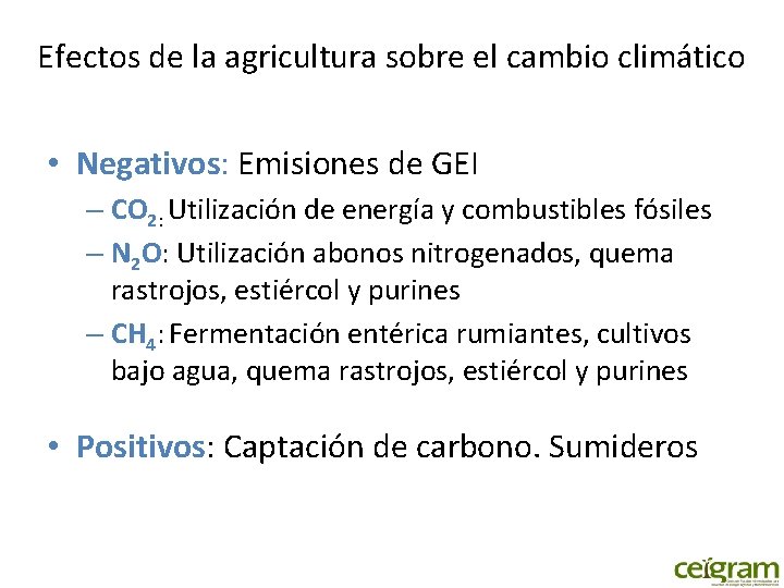 Efectos de la agricultura sobre el cambio climático • Negativos: Emisiones de GEI –