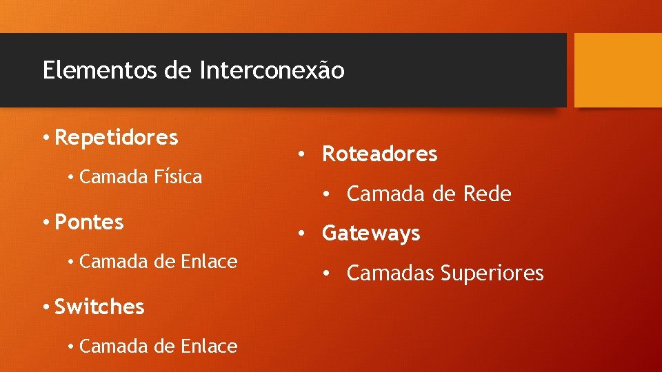 Elementos de Interconexão • Repetidores • Camada Física • Pontes • Camada de Enlace Elementos de Interconexão • Repetidores • Camada Física • Pontes • Camada de Enlace