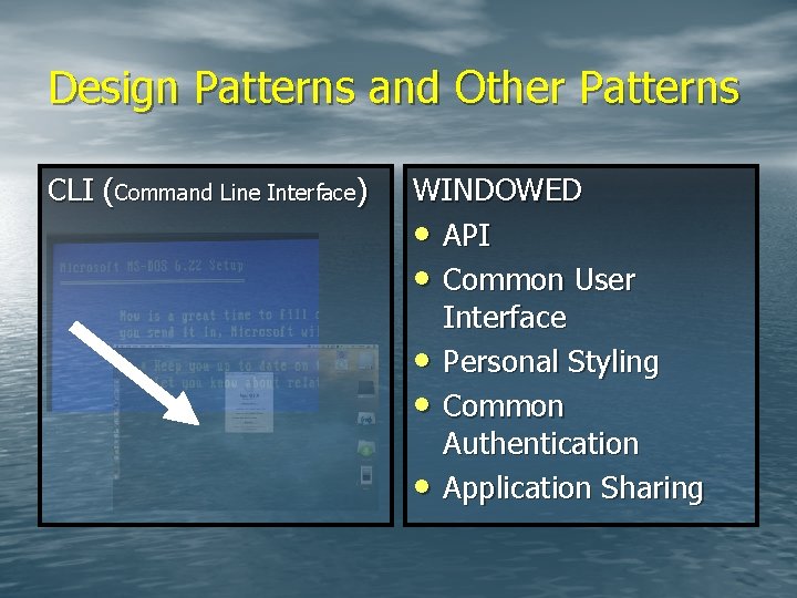 Design Patterns and Other Patterns CLI (Command Line Interface) WINDOWED • API • Common