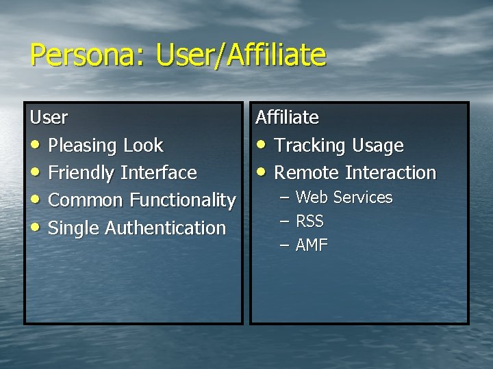Persona: User/Affiliate User Affiliate • Pleasing Look • Tracking Usage • Friendly Interface •