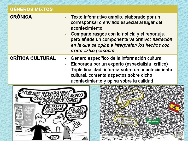 GÉNEROS MIXTOS CRÓNICA - Texto informativo amplio, elaborado por un corresponsal o enviado especial