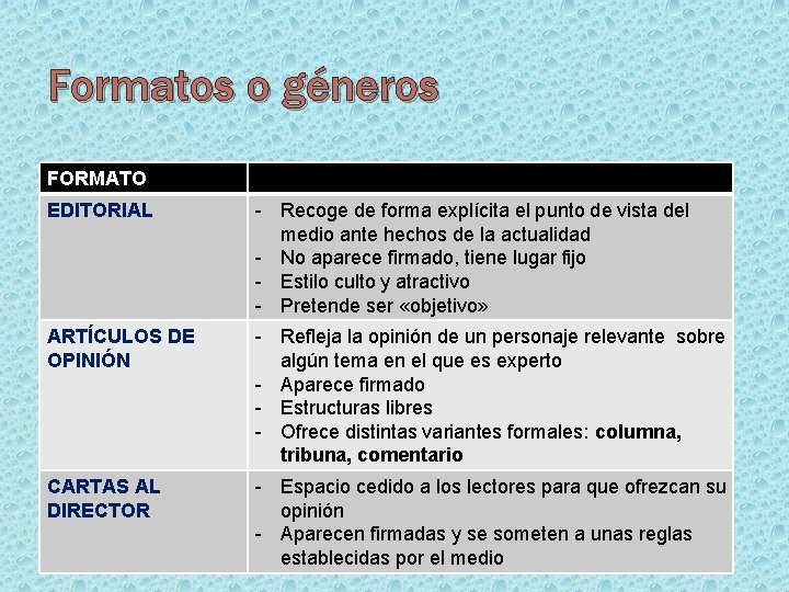 Formatos o géneros FORMATO EDITORIAL - Recoge de forma explícita el punto de vista