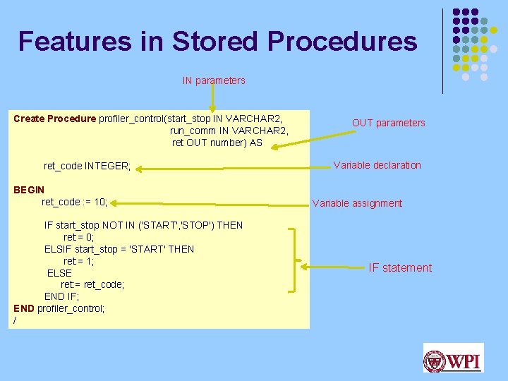 Features in Stored Procedures IN parameters Create Procedure profiler_control(start_stop IN VARCHAR 2, run_comm IN