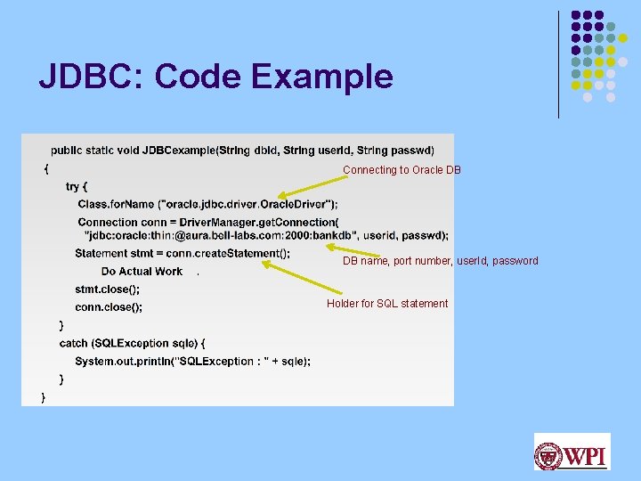 JDBC: Code Example Connecting to Oracle DB DB name, port number, user. Id, password
