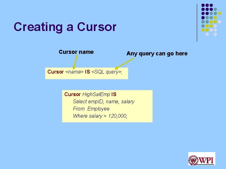 Creating a Cursor name Any query can go here Cursor <name> IS <SQL query>;