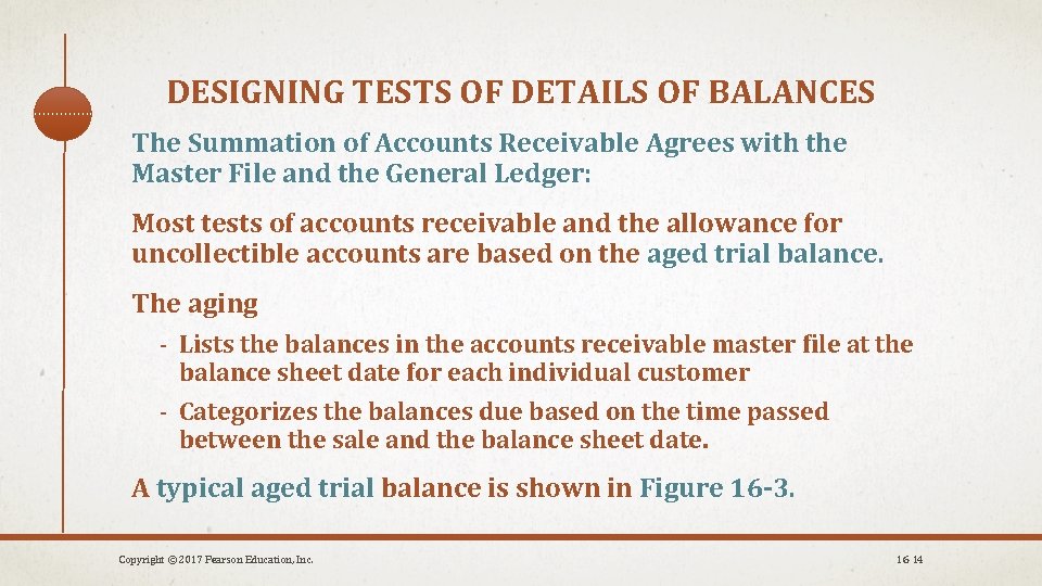 DESIGNING TESTS OF DETAILS OF BALANCES The Summation of Accounts Receivable Agrees with the