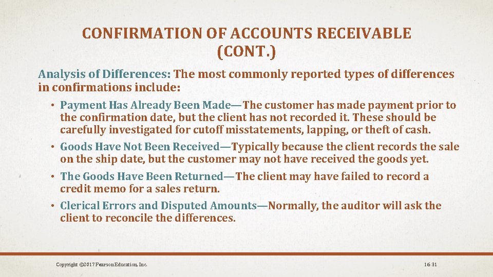 CONFIRMATION OF ACCOUNTS RECEIVABLE (CONT. ) Analysis of Differences: The most commonly reported types