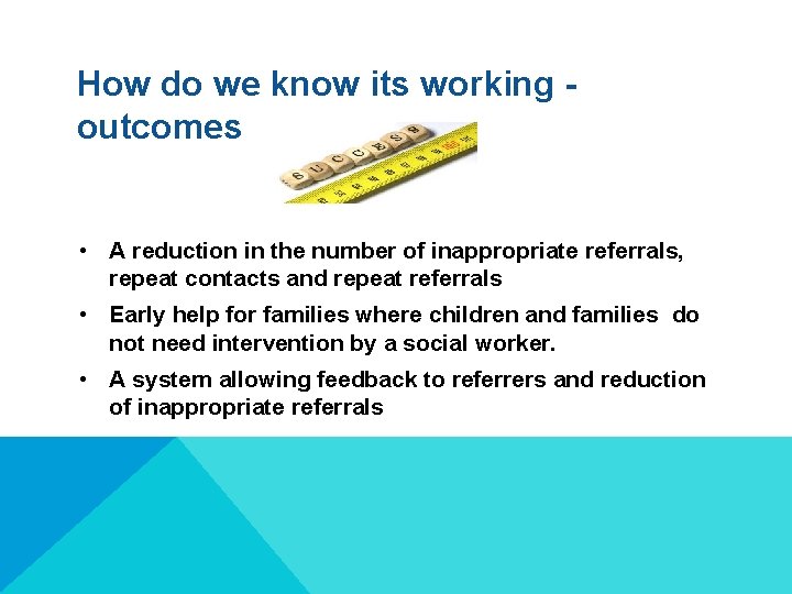 How do we know its working outcomes • A reduction in the number of