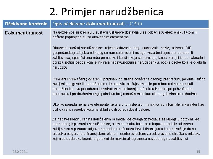 2. Primjer narudžbenica Očekivane kontrole Opis očekivane dokumentiranosti – C 300 Dokumentiranost Narudžbenice su