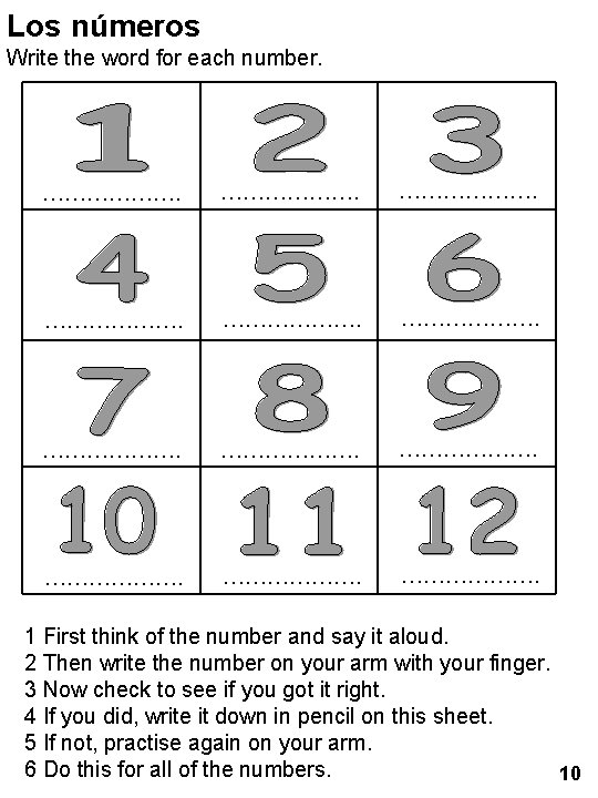Los números Write the word for each number. ………………. 1 First think of the