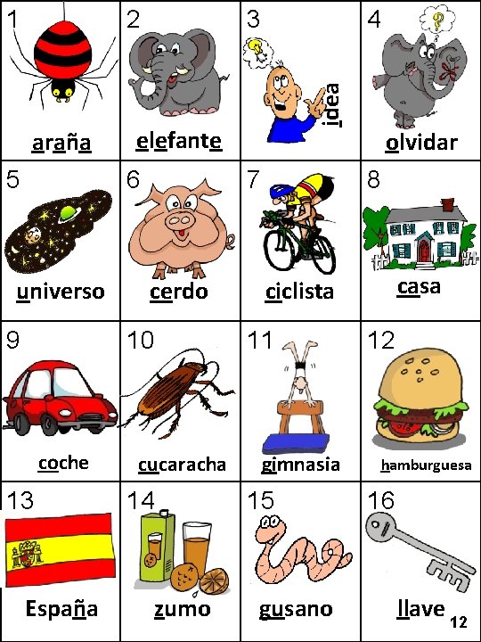 2 araña 5 3 elefante 6 universo 9 7 cerdo 10 coche 13 España
