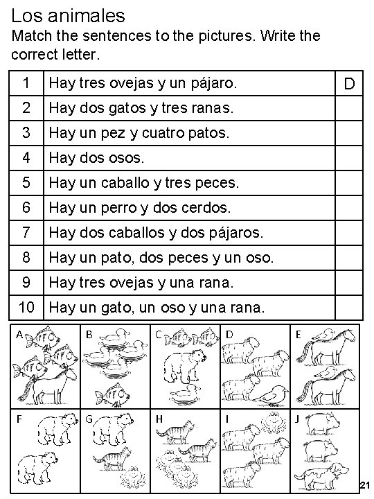 Los animales Match the sentences to the pictures. Write the correct letter. 1 Hay