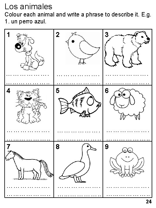 Los animales Colour each animal and write a phrase to describe it. E. g.