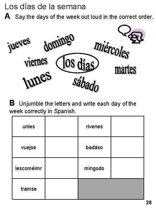 Los días de la semana A Say the days of the week out loud