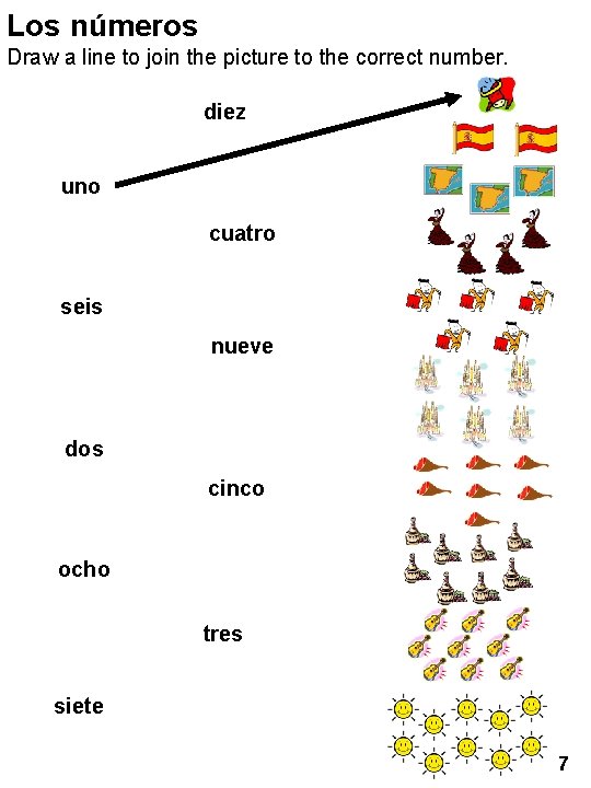 Los números Draw a line to join the picture to the correct number. diez