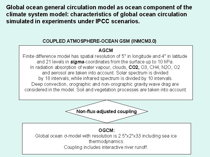 Global ocean general circulation model as ocean component of the climate system model: characteristics