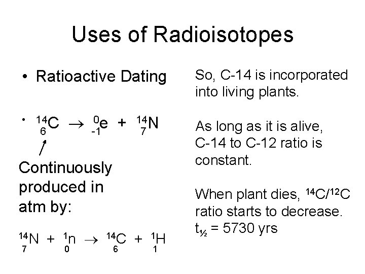 Uses of Radioisotopes • Ratioactive Dating • 14 C 6 0 e + -1