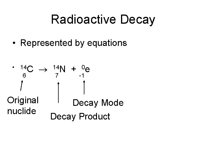 Radioactive Decay • Represented by equations • 14 C 6 Original nuclide 14 N