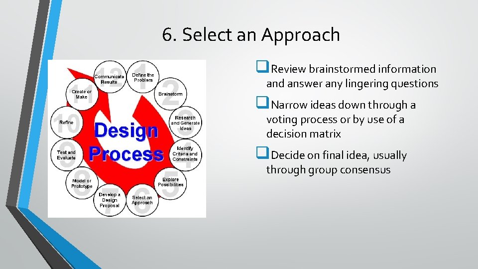 6. Select an Approach q. Review brainstormed information and answer any lingering questions q.