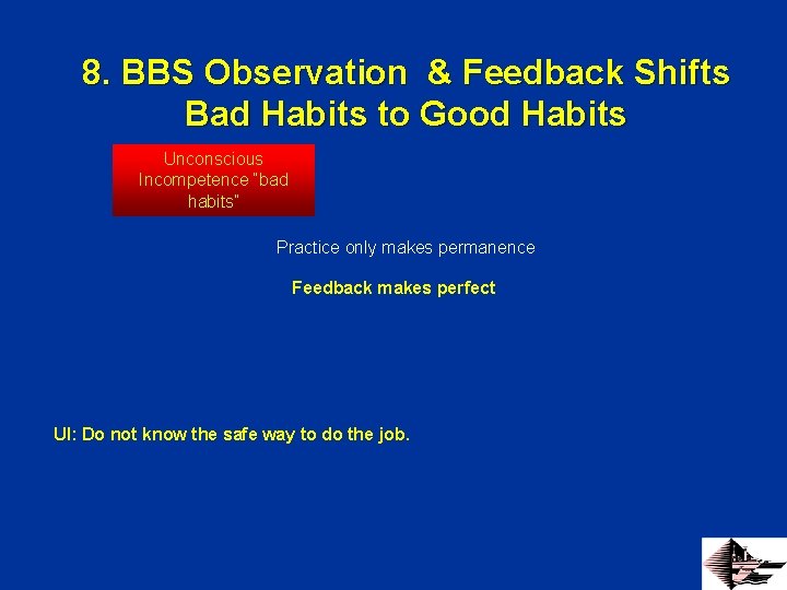 8. BBS Observation & Feedback Shifts Bad Habits to Good Habits Unconscious Incompetence “bad