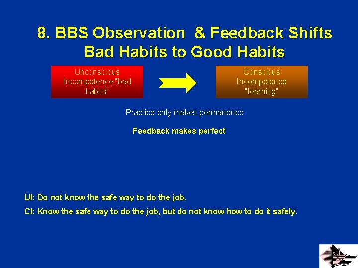 8. BBS Observation & Feedback Shifts Bad Habits to Good Habits Unconscious Incompetence “bad