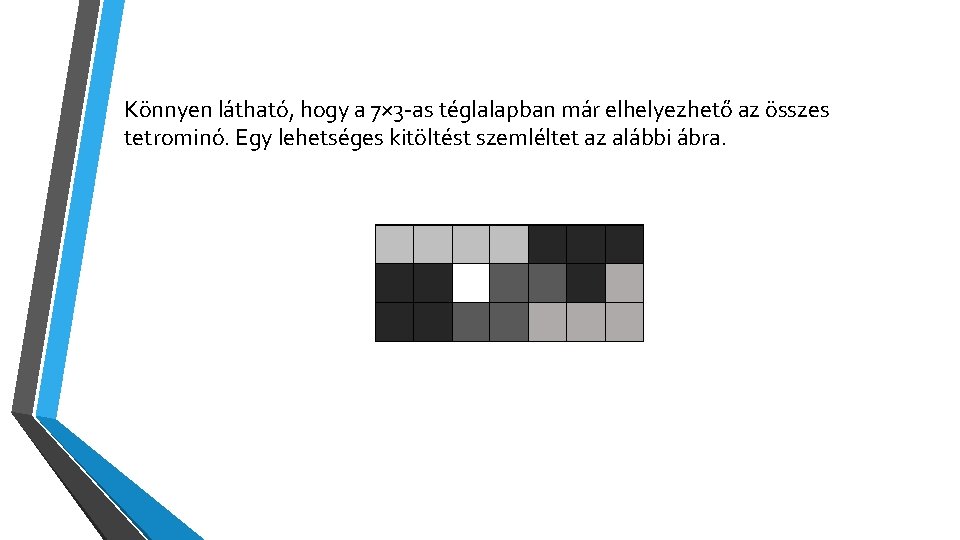 Könnyen látható, hogy a 7× 3 -as téglalapban már elhelyezhető az összes tetrominó. Egy