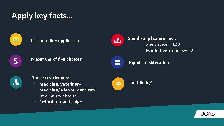 Apply key facts… It’s an online application. 5 Maximum of five choices. Choice restrictions: