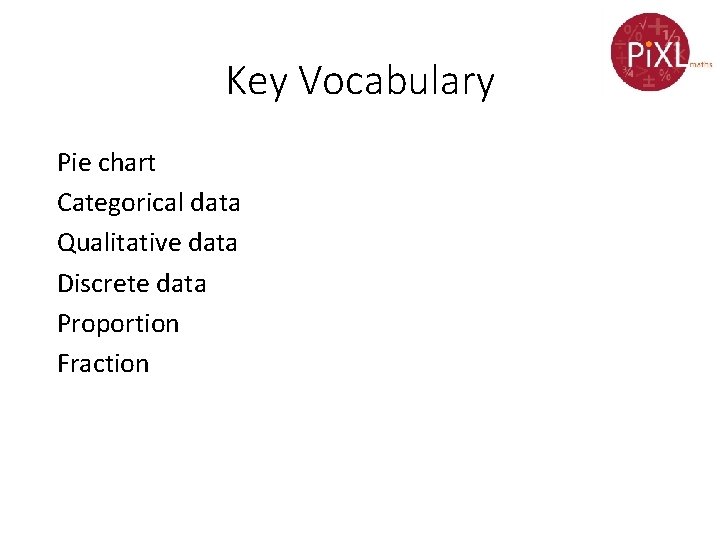 Key Vocabulary Pie chart Categorical data Qualitative data Discrete data Proportion Fraction 