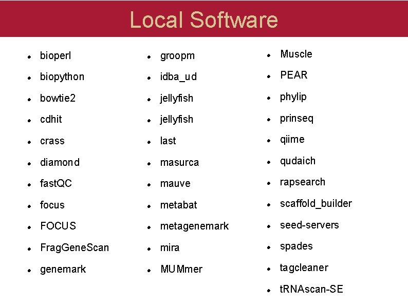Local Software bioperl groopm Muscle biopython idba_ud PEAR bowtie 2 jellyfish phylip cdhit jellyfish Local Software bioperl groopm Muscle biopython idba_ud PEAR bowtie 2 jellyfish phylip cdhit jellyfish