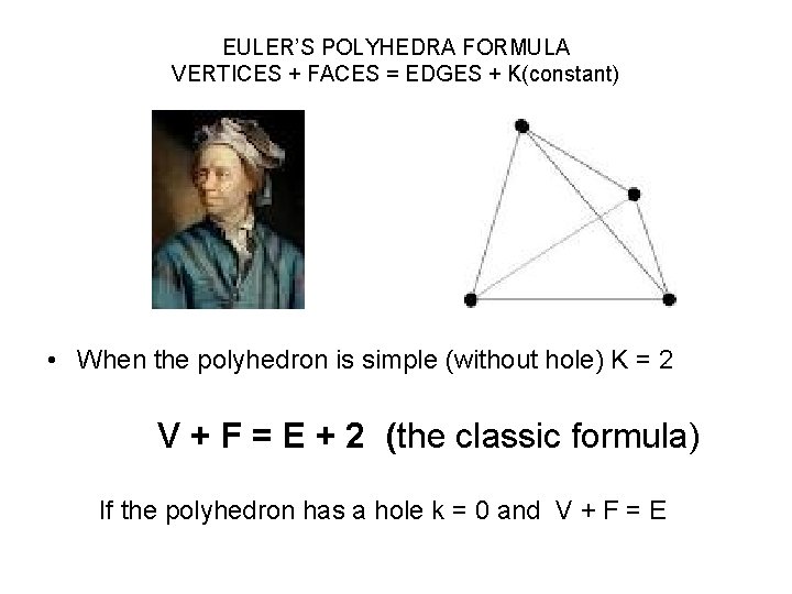 EULER’S POLYHEDRA FORMULA VERTICES + FACES = EDGES + K(constant) • When the polyhedron