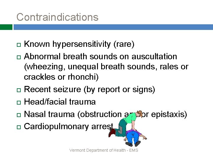 Contraindications Known hypersensitivity (rare) Abnormal breath sounds on auscultation (wheezing, unequal breath sounds, rales