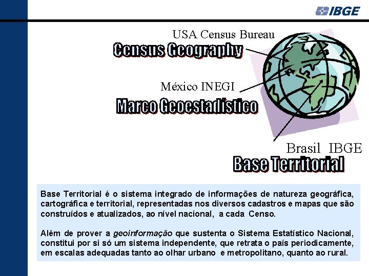 USA Census Bureau México INEGI Brasil IBGE Base Territorial é o sistema integrado de