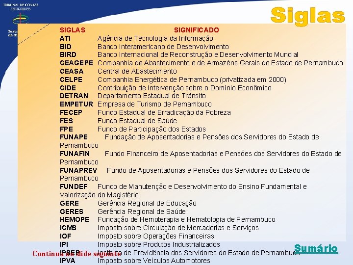 SIGLAS SIGNIFICADO ATI Agência de Tecnologia da Informação BID Banco Interamericano de Desenvolvimento BIRD