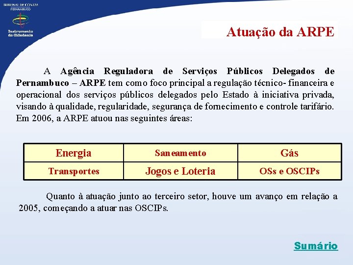 Atuação da ARPE A Agência Reguladora de Serviços Públicos Delegados de Pernambuco – ARPE