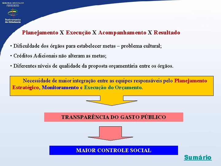 Planejamento X Execução X Acompanhamento X Resultado • Dificuldade dos órgãos para estabelecer metas