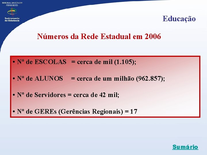 Educação Números da Rede Estadual em 2006 • Nº de ESCOLAS = cerca de