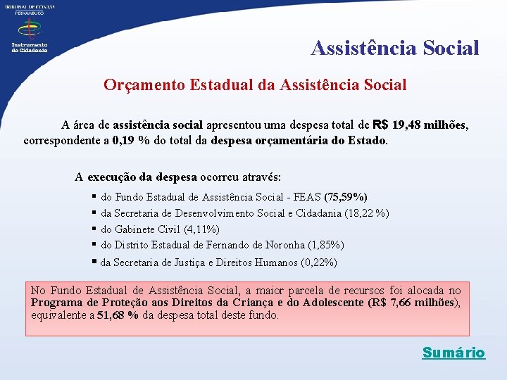 Assistência Social Orçamento Estadual da Assistência Social A área de assistência social apresentou uma