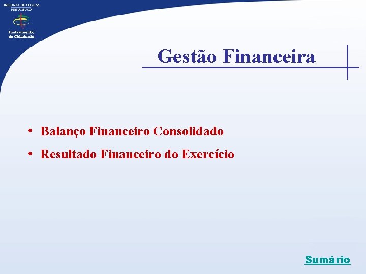  Gestão Financeira • Balanço Financeiro Consolidado • Resultado Financeiro do Exercício Sumário 