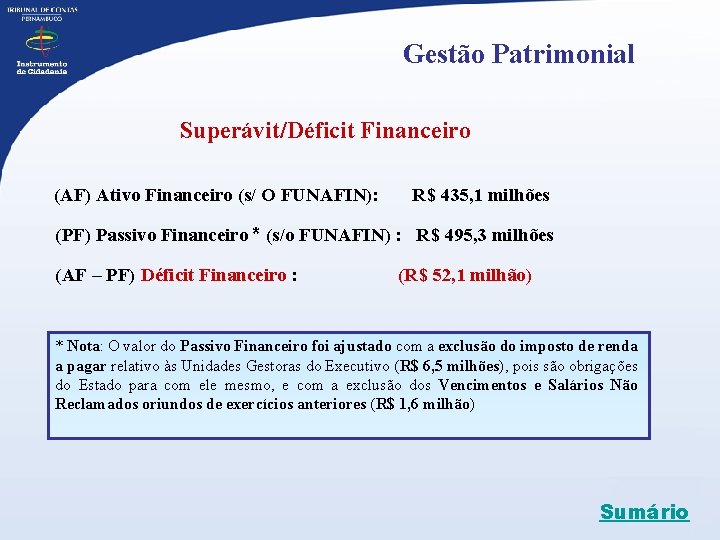 Gestão Patrimonial Superávit/Déficit Financeiro (AF) Ativo Financeiro (s/ O FUNAFIN): R$ 435, 1 milhões