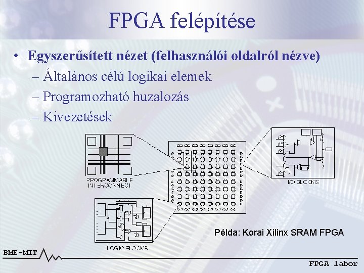 FPGA felépítése • Egyszerűsített nézet (felhasználói oldalról nézve) – Általános célú logikai elemek –