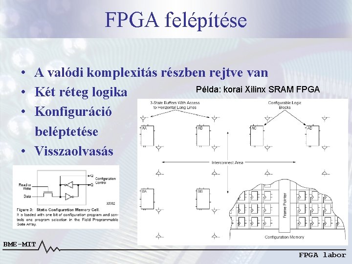 FPGA felépítése • A valódi komplexitás részben rejtve van Példa: korai Xilinx SRAM FPGA