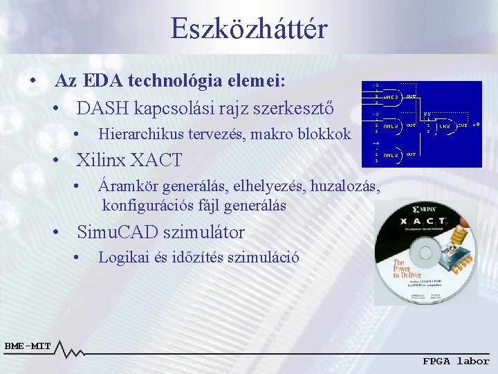 Eszközháttér • Az EDA technológia elemei: • DASH kapcsolási rajz szerkesztő • Hierarchikus tervezés,