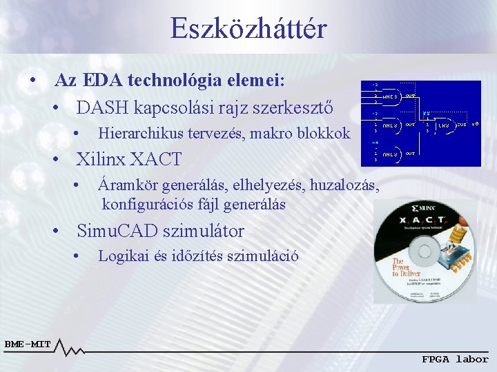 Eszközháttér • Az EDA technológia elemei: • DASH kapcsolási rajz szerkesztő • Hierarchikus tervezés, Eszközháttér • Az EDA technológia elemei: • DASH kapcsolási rajz szerkesztő • Hierarchikus tervezés,