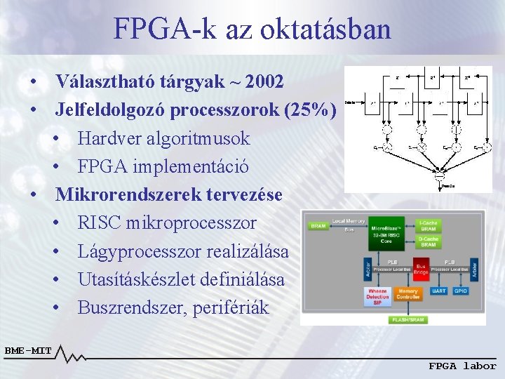 FPGA-k az oktatásban • Választható tárgyak ~ 2002 • Jelfeldolgozó processzorok (25%) • Hardver