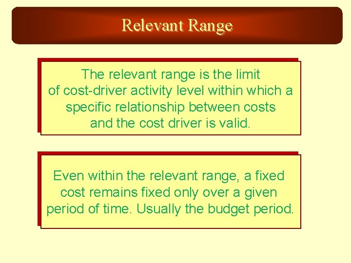 Relevant Range The relevant range is the limit of cost-driver activity level within which