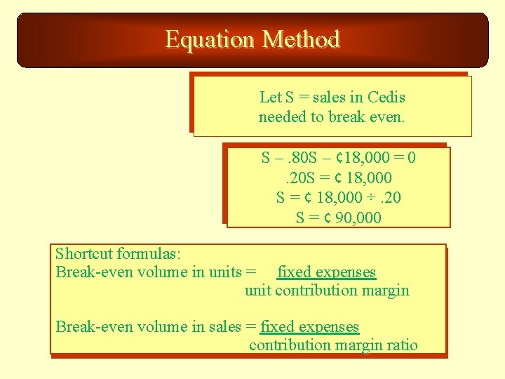 Equation Method Let S = sales in Cedis needed to break even. S –.