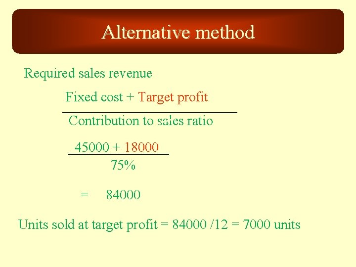 Alternative method Required sales revenue Fixed cost + Target profit Contribution to sales ratio